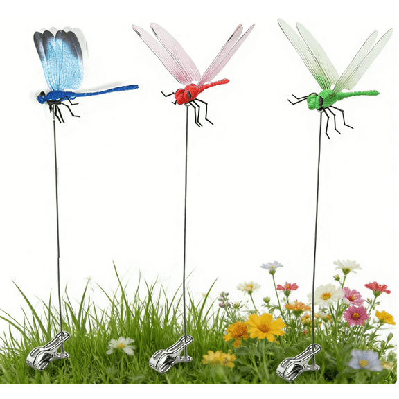 Dragonfly Clip Bug Repellent, Outdoor Dragonfly Rod Clip, 3D Artificial Fake Dragon Fly Clips, Multicolor Waterproof Dragonfly Hat Clips for Garden Stakes Decor(3Pcs-Random)