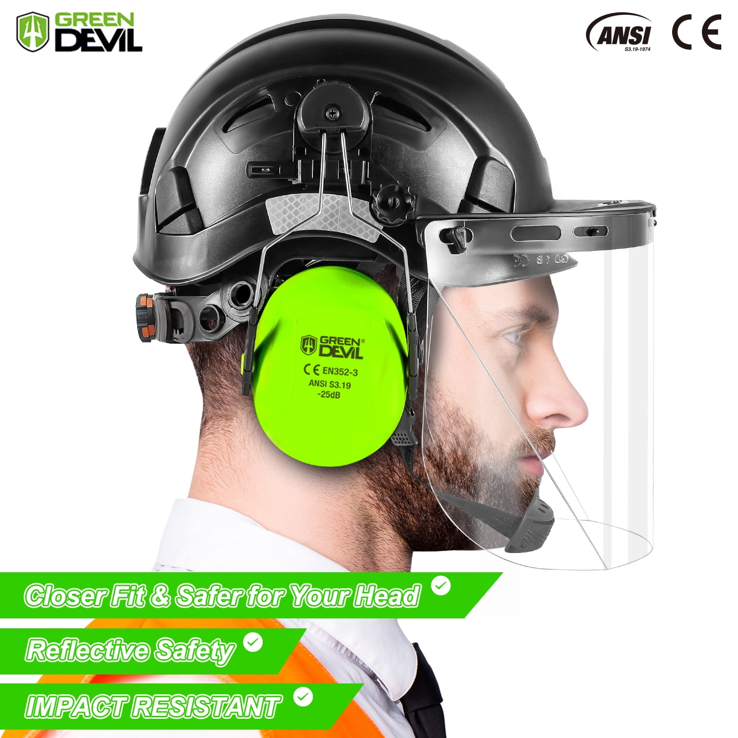 GREEN DEVIL Chainsaw Helmet with Face Shield and Ear Muffs  3‑in‑1 Forestry Helmet System  Hard Hat for Logging Arborist Construction