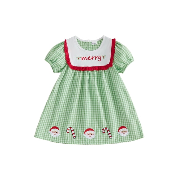RUINIXCW Toddler Baby Girl Christmas Dress Little Girls Xmas Holiday Party Dress Cute Santa Candy Cane Embroidery Short Sleeve Gingham Plaid Dress