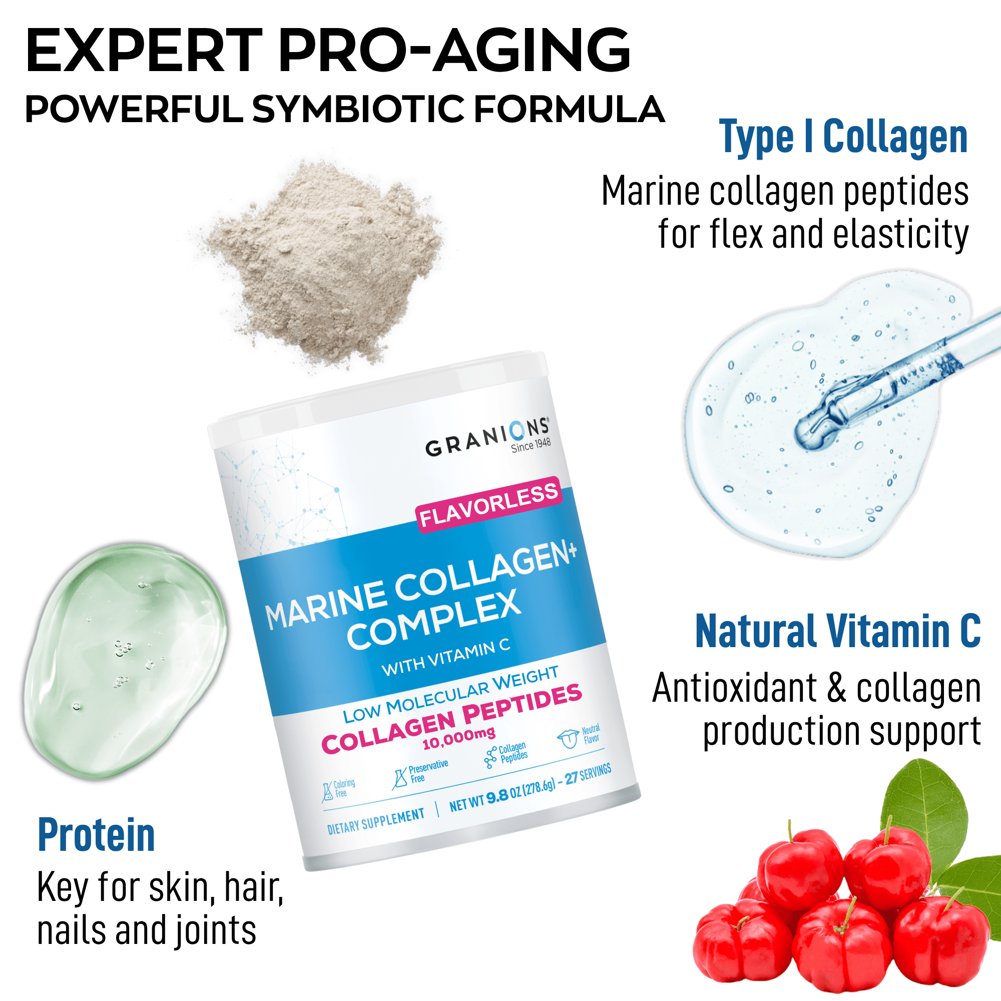 Granions Marine Collagen Peptides Powder Unflavored, 10,000mg per Serving, 278.6g
