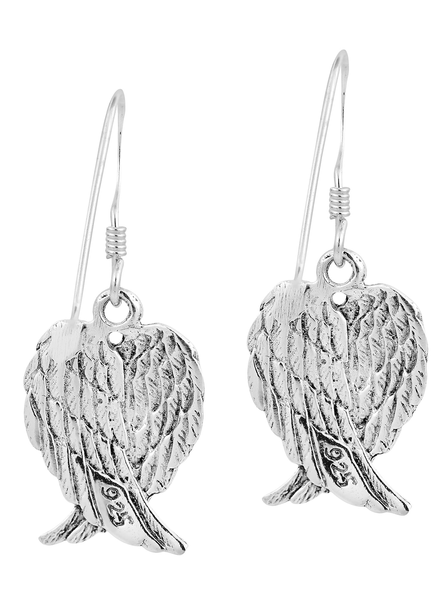 Heavenly Love Heart Shaped Angel Wings .925 Sterling Silver Dangle Earrings