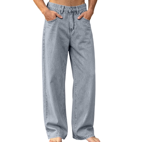USNSM Men's Retro Baggy Jeans Wide Leg Skater Hip Hop Denim Pants Casual Solid Color Loose Straight Leg Trousers Streetwear Blue L
