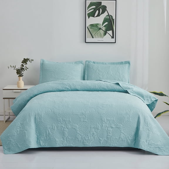 Smuge 3 Piece Solid Color Quilt Set Full/Queen Lake Blue, Reversible Microfiber Lightweight All Season Bedspread Coverlet 90"x90"