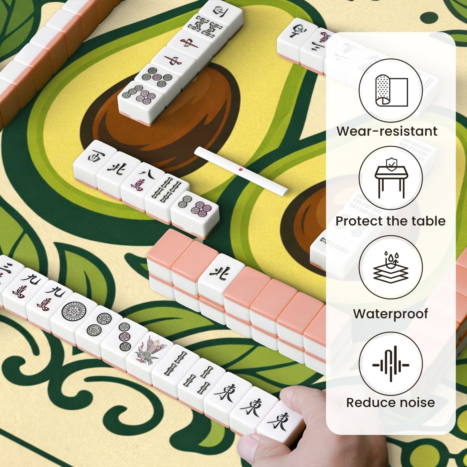 Mahjong Mat 31.5" x 31.5" Avocado Pair Green Leaves Floral Border Non-Slip Noise Reduction Mahjong Tiles Table Cover for Dominoes Poker Card Board and Tile Games