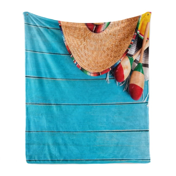 Mexican Soft Flannel Fleece Throw Blanket, Native Latin Elements Sombrero and Maracas on Wood Americana Inspired Background, Cozy Plush for Indoor and Outdoor Use, 60" x 80", Blue Cream, by Ambesonne