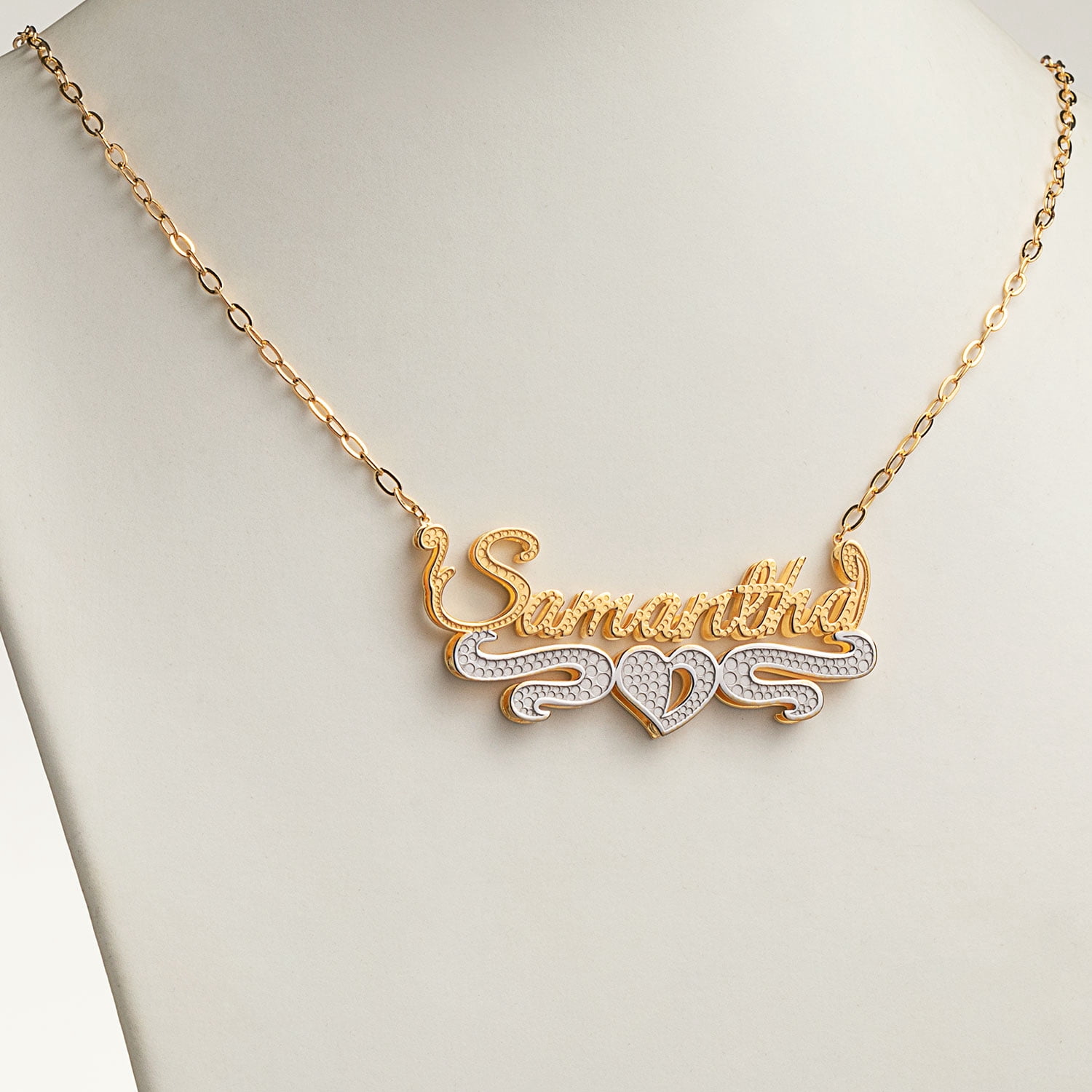 Personalized Planet Women's Two-Tone 3-D Double Stack Script Nameplate Necklace with Heart Tail