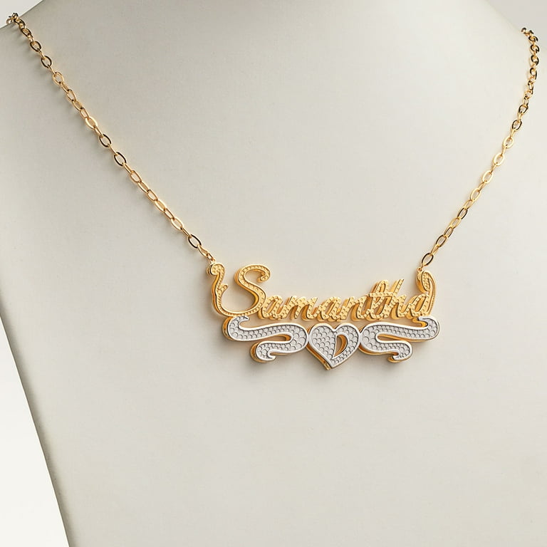 Personalized Planet Women s Two Tone 3 D Double Stack Script Nameplate Necklace with Heart Tail