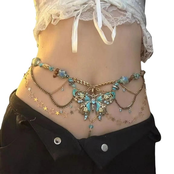 Heavy Duty Waist Belt Stylish for Stage Dance Music Festival Jeans Dress Belt Body Jewelry Chain Butterfly Belly Dance
