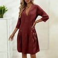 thumbnail image 2 of Gamivast Womens Casual Dress Linen V-Neck 3/4 Sleeve Button Tunic Dress Pockets Solid Shift Dress Loose Fit Mini Work Office Daily Wear Business Soft, 2 of 8
