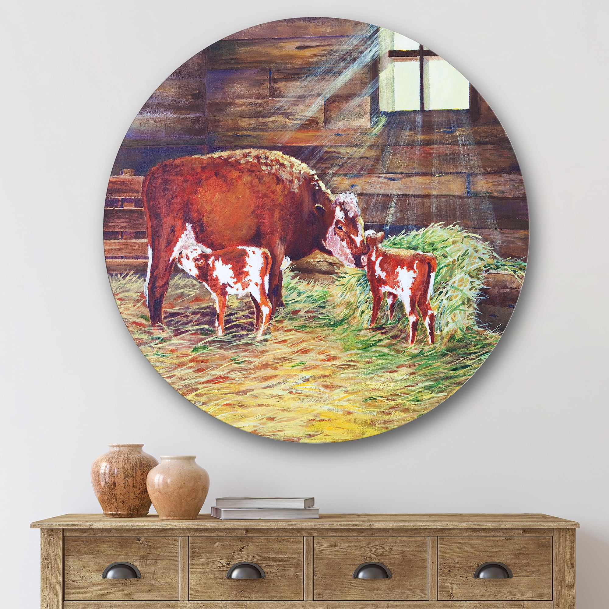 Designart 'Newborn Twin Calves With Cow At The Farm' Farmhouse Circle Metal Wall Art 29x29 - Disc of 29