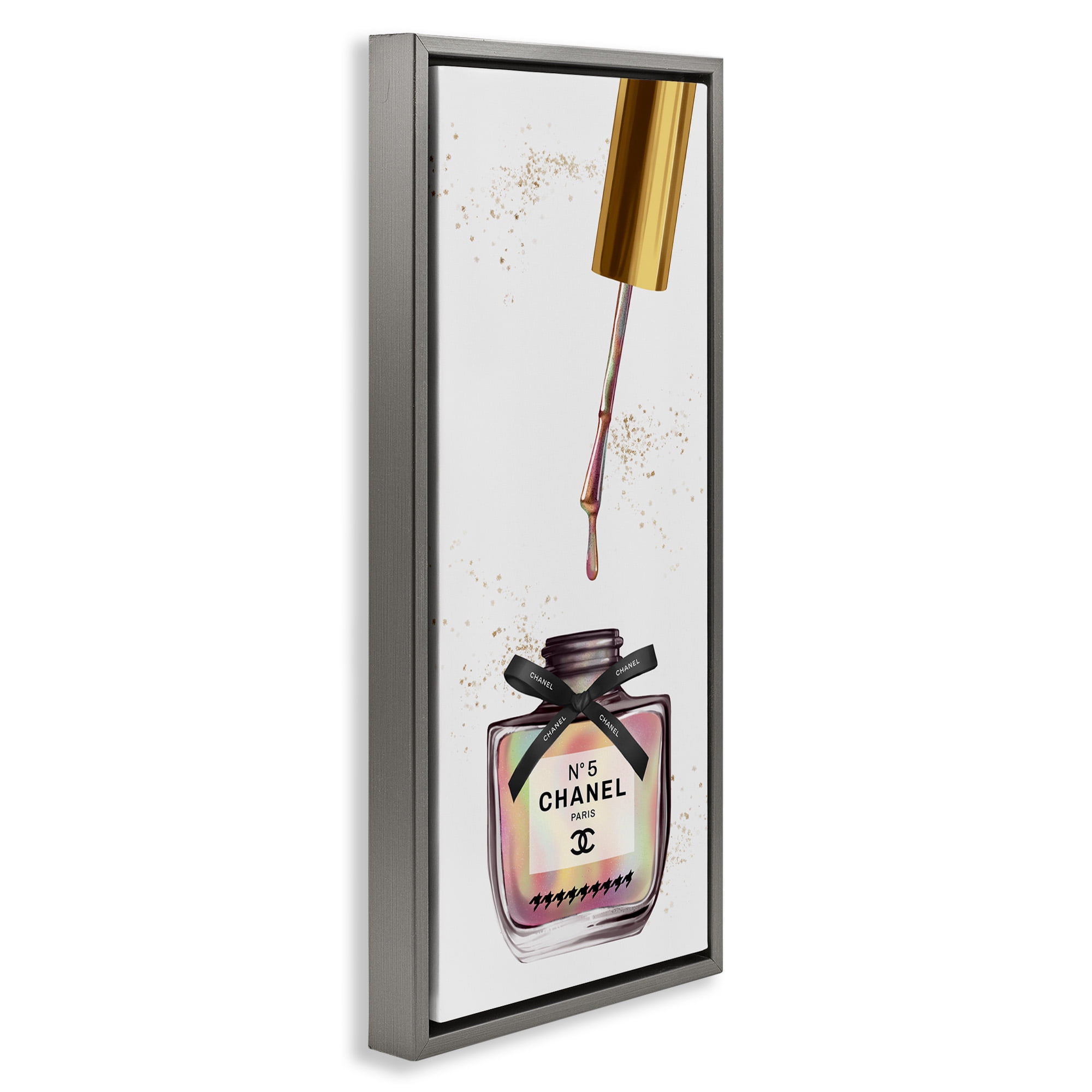 Stupell Industries Makeup Nail Polish Brush Rainbow & Gold Beauty & Fashion Painting Gray Floater Framed Canvas Art Print Wall Art, 11 x 25