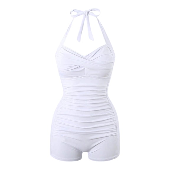 PiGOGI Women's V Neck Bathing Suit High Waisted Ruched Bikini Set Vintage Print Swimsuit for Beach Pool White XL