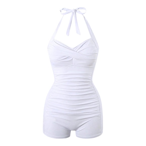 Bathing Suit Bottoms Women Vintage One Piece Swimsuits with Boyleg Shorts Bathing Suit Tie Neck Backless Swimwear White S
