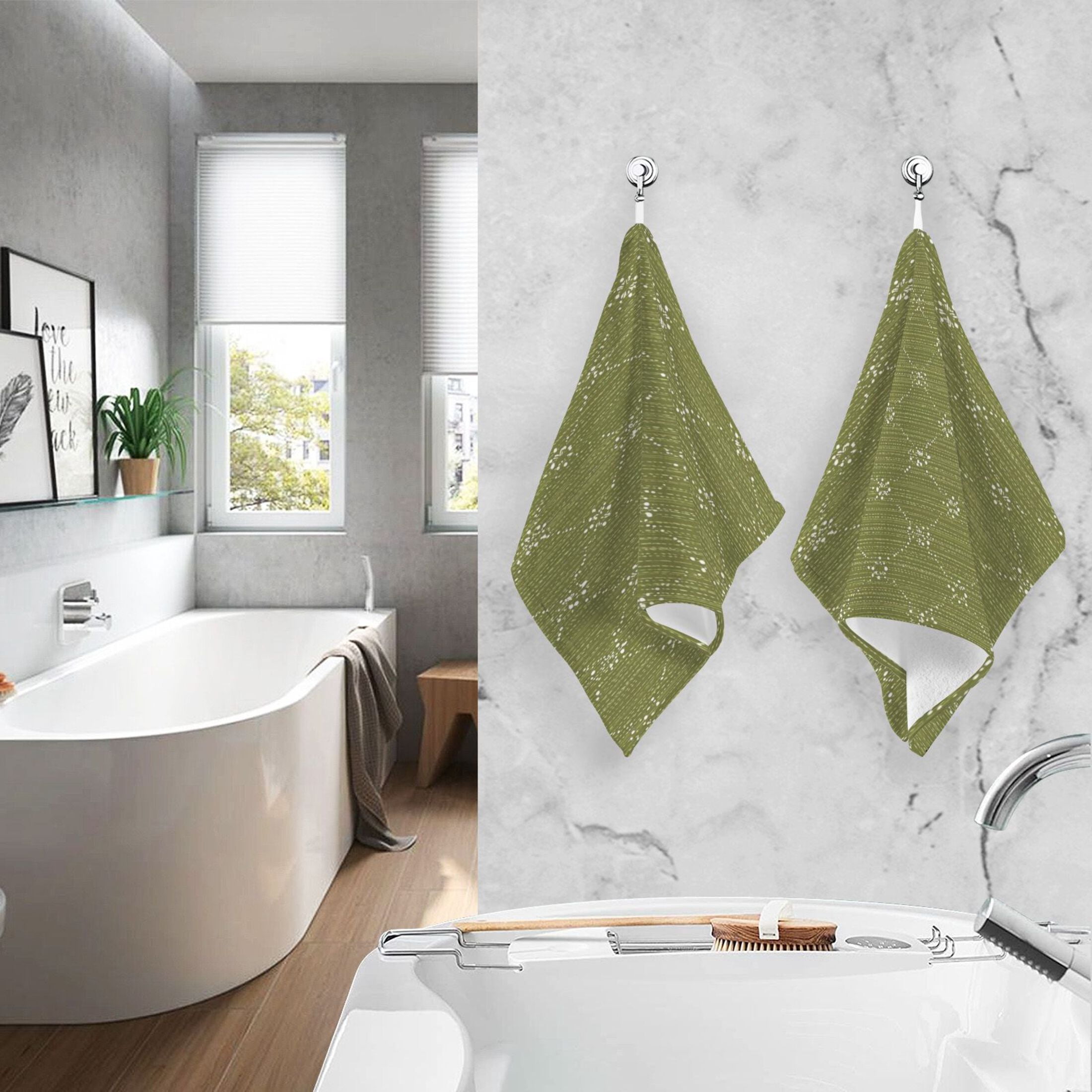 2 Pieces of Cotton Towel Face Towel Set Hand Towel Bath Towel Cotton Bath Towel Sets Olive Green Dotted Lines
