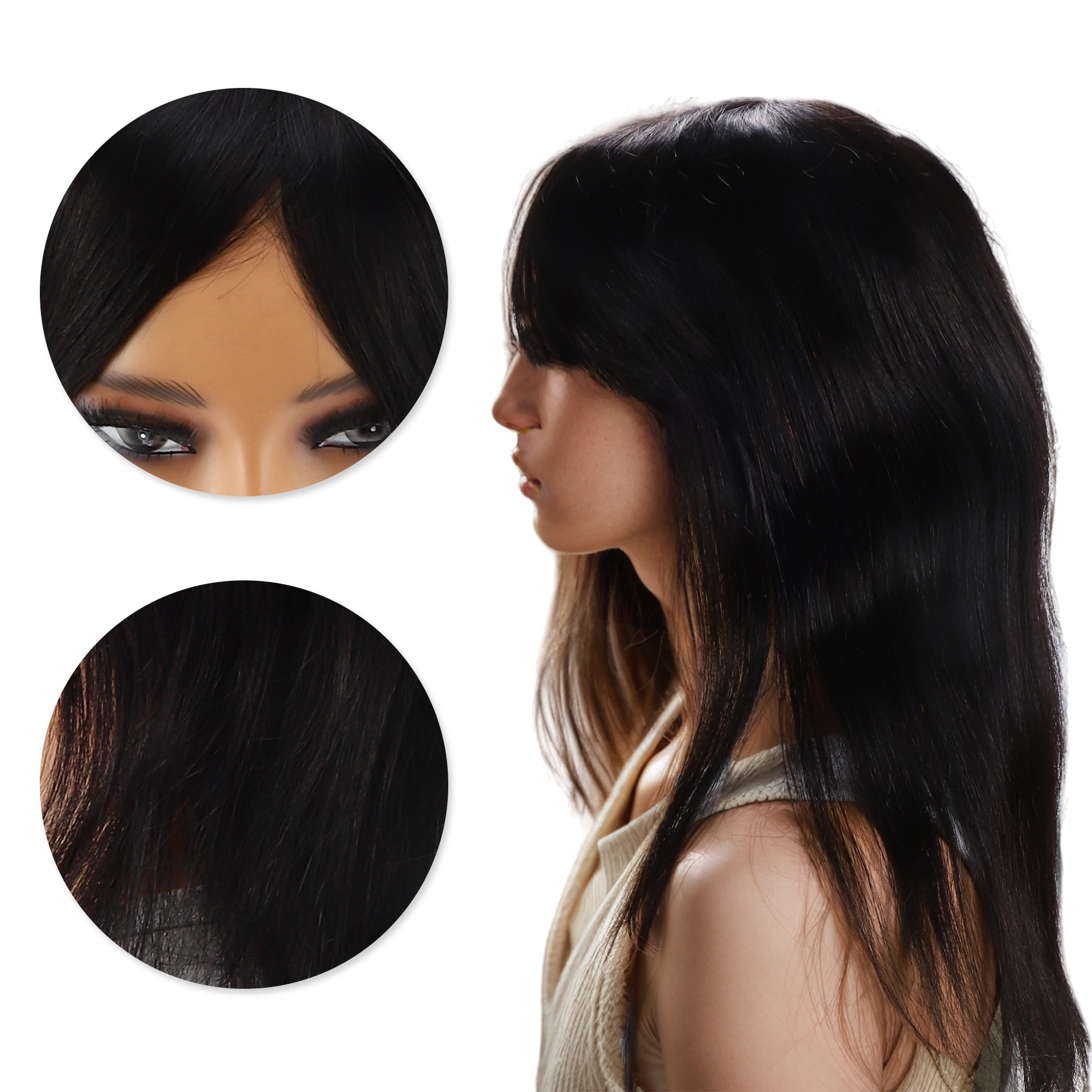 Unique Bargains 1 Pc Long Hair Straight Bangs Hair Wig Real Human Hair 14in Human Wig Black for Women