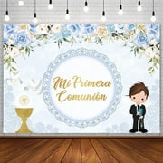 Baptism Backdrop for Boy Mi Primera Comunion Christening Photography Background God Bless First Holy Communion Banner Chalice Doves Blue Floral Lace Party Decorations Photoshoot Props