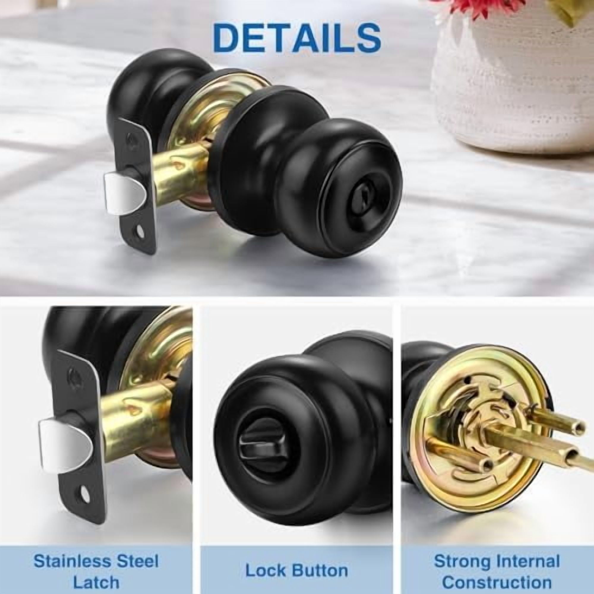 Privacy Door Knob, 5 Pack Matte Black Round Keyless Doorknobs Interior/Exterior Lockset, Privacy Locking Door Knobs for Bedroom/Bathroom, Black Modern Design Door Hardware