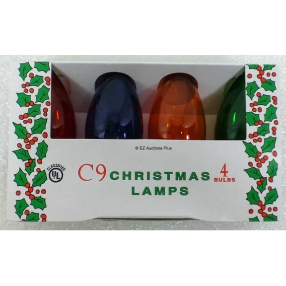 (4 Pack) Multi Color Transparent C-9 Light Bulbs 7 Watt Holiday Christmas Night