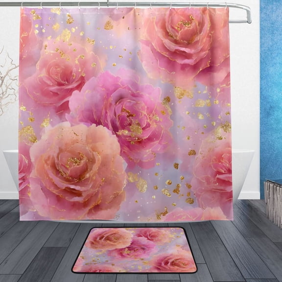 BZSMCE Shower Curtain and Bath Accessory Set,Pastel Rose Pattern