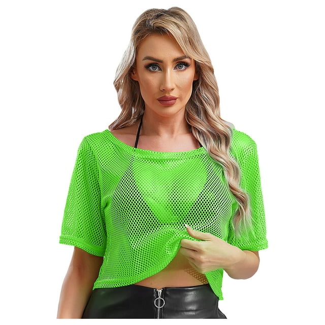 Jhaoyu Femmes Résille Transparente Manches Courtes Crop Top en Maille Clubwear T-shirt Bikini Couverture Vert Fluorescent L