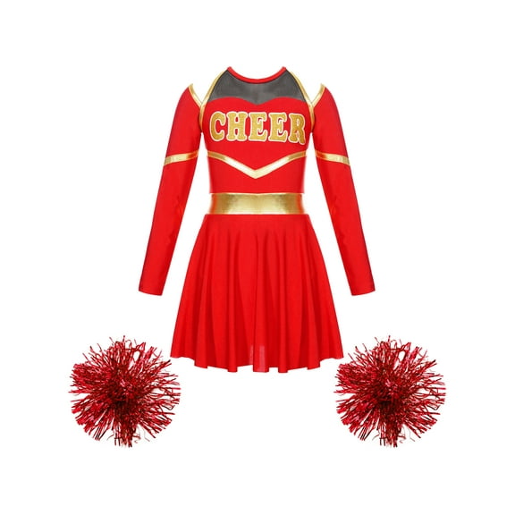 iiniim Girls Cheerleading Dance Long Sleeve Dress with Flower Balls Stage Performance Red 6