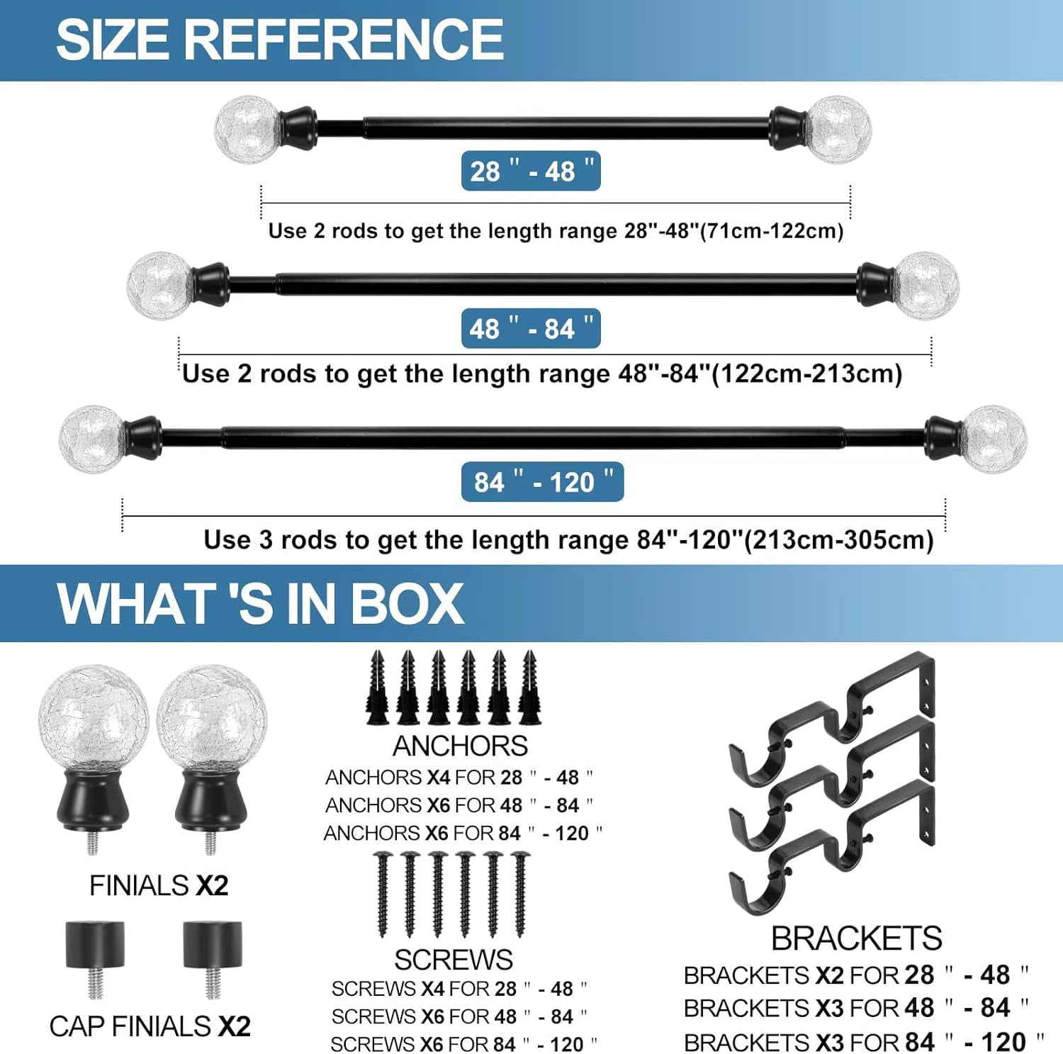 Urbanest Adjustable Double Curtain Rod Set Crackle Glass Manhattan Finials – 1″ Front & 3/4″ Back Rod With Black Rod, 28–48 Inches