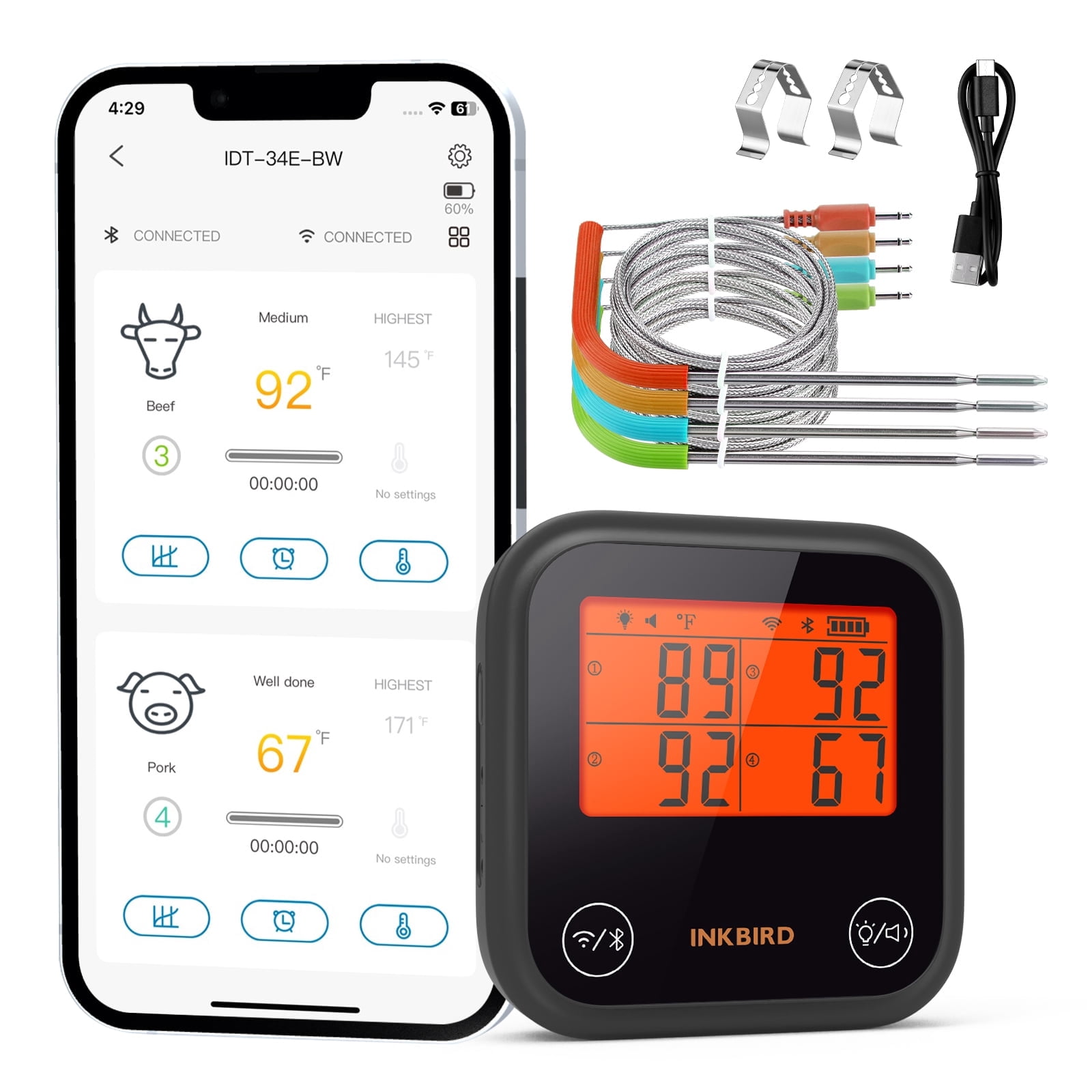 Inkbird WiFi&Bluetooth Meat Thermometer,4 Colored Probes Wireless BBQ GrillingThermometers for Barbecue ,Smoker,Oven | APP Calibration Temp Graph | Mobile Notification Timer Alarm