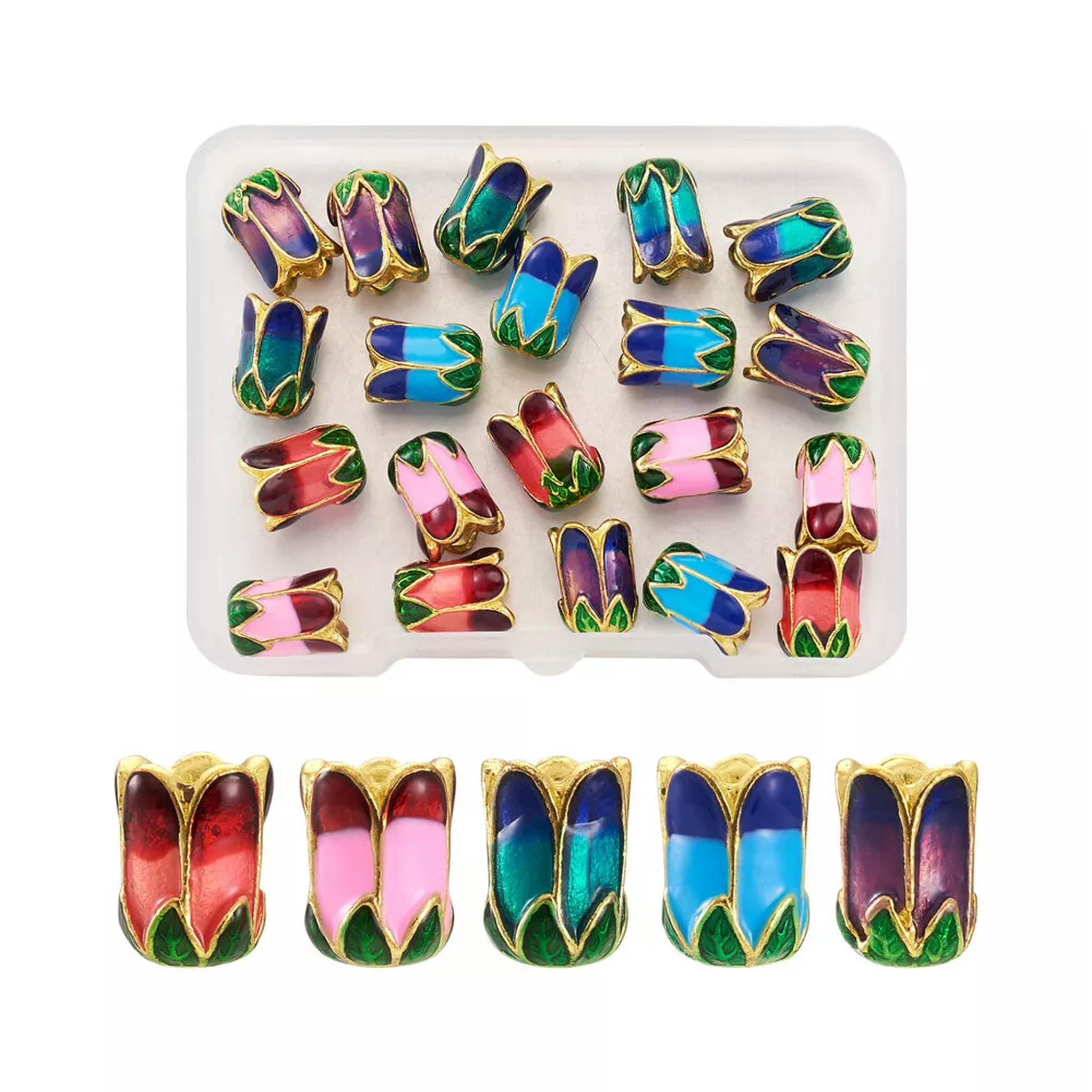 U8MO 20pc 5 Color 5-Petal Flower Alloy Enamel Bead Caps Loose Spacer Bead Cone 11x8mm
