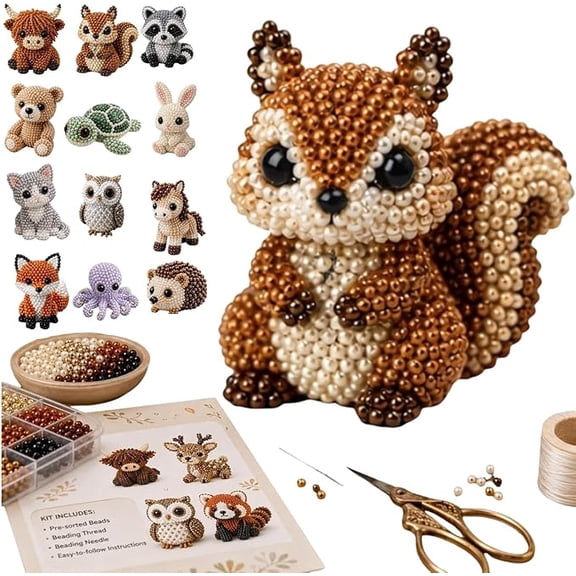 3D Beaded, Beads DIY Squirrel Animal Kit, Practical Miniature Crafting Supplies with Scissors for Desktop Display and Daily Indoor Household Decoration