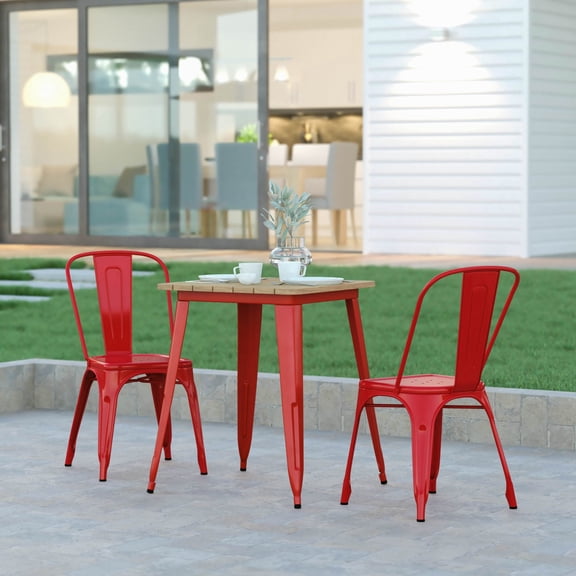 Emma Oliver Indoor/Outdoor Dining Table, 23.75" Square All Weather Brown Poly Resin Top with Red Steel Base
