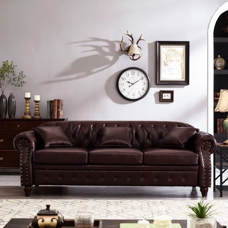 85.8" With Storage, Classic Design, Faux Leather Pu Upholstery In Burgundy, Solid Wood Frame, 3 Capacity, Easy Assembly , And , Upholstery, Construction 3, Simple Instructions