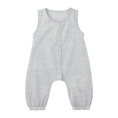 

Pejock Toddler Baby Boys Girls Cute Solid Stripe Sleeveless Button Romper Jumpsuit Infant One-Piece Pajamas Coverall Romper Overalls 6-24Months