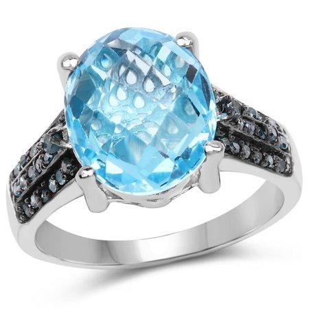 5.51 Carat Genuine Baby Swiss Blue Topaz & Blue Diamond 0.925 Sterling Silver Ring