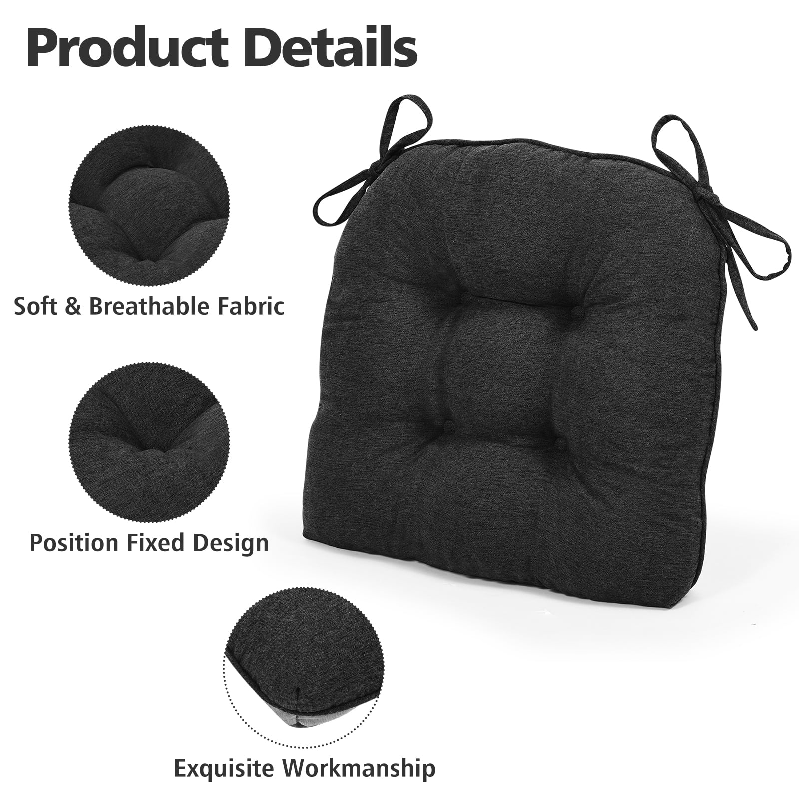 Shinnwa Chair Cushions for Kitchen Chairs Memory Foam Tufted Dining Chair Pads with Ties Non Slip Seat Cushions, Set of 4, Black