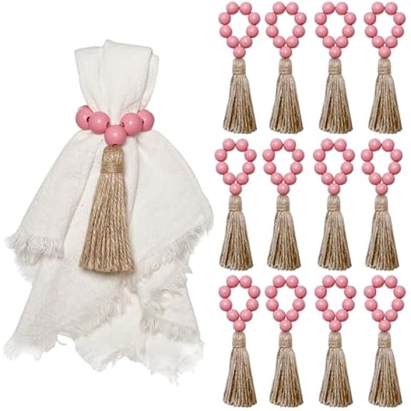 Fu997 Napkin Rings Set of 12,Wooden Napkin Ring,Wood Bead Elastic Farmhouse Napkin Holder with Tassel,Boho Napkin Rings for Table Decor,Weeding,Dinner,Party (Pink)