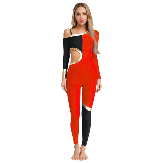 Moggemol Womens' Long Sleeve Unitard Gymnastics Ballet Dance Bodysuit Metallic Color Block Jumpsuit Red S