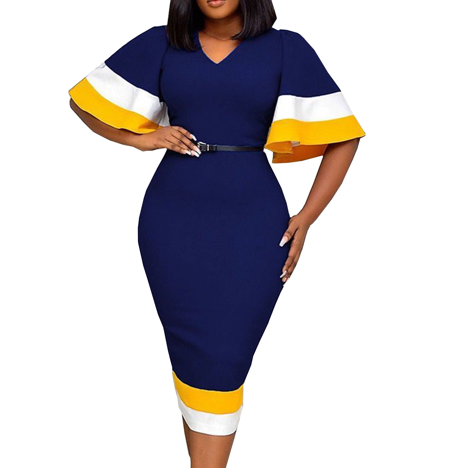 Fesfesfes Summer Dresses for Women Casual Bell Short Sleeve Pencil Dress Color Matching Flared Sleeve Bodycon Party Dress Walmart