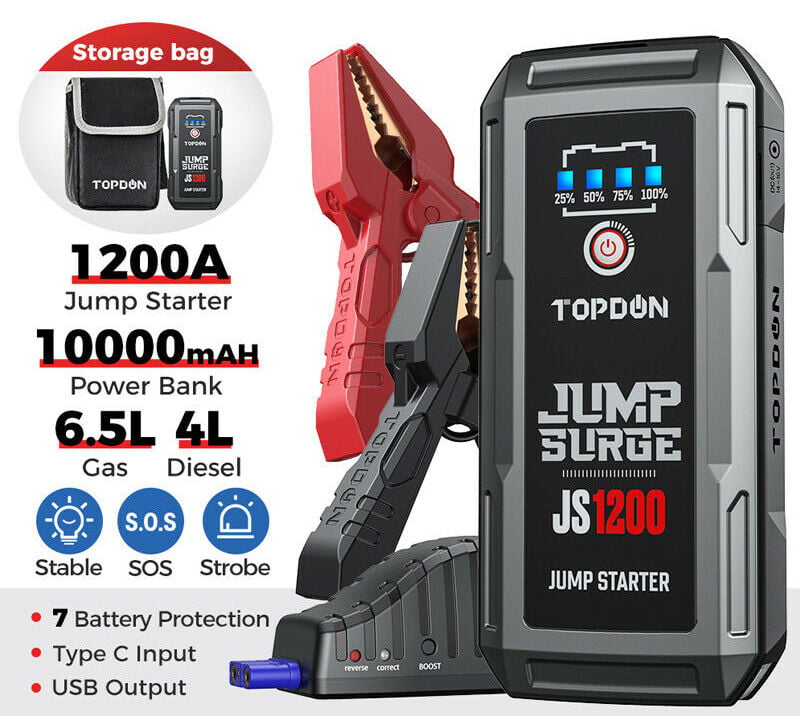 Jump Starter Car Battery Charger-TOPDON JUMPSURGE1200 12V Car Starter Lithium Battery Booster Jumper with Smart Clamp Cables LED Flashlight Peak 1200A USB Quick Charge Up to 6.5L Gas, 4.0L Diesel 