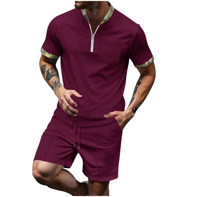 Shorts Courts pour Hommes Pantalons pour Hommes Décontractés Mode Hommes Manches Courtes Col Rabattu Pantalons Survêtement Deux Pièces Manches pour Hommes Pantalons pour Hommes Mode