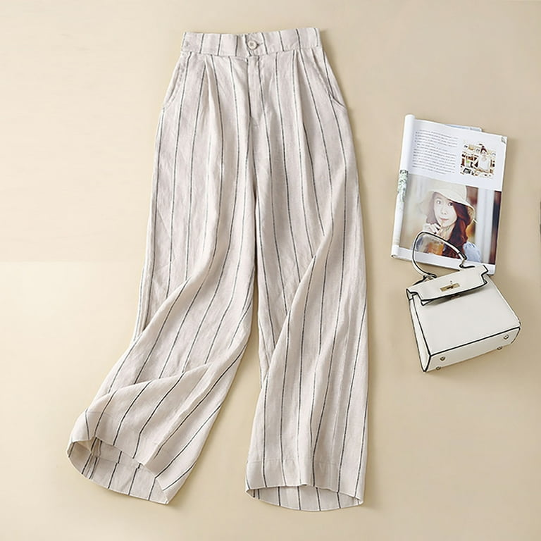 VSSSJ Women's Cotton Linen Suit Pants Relaxed Striped Print High Waist Straight  Wide Leg Pants Fashion Commuting Business Dress Pants Beige XXXL -  Walmart.com