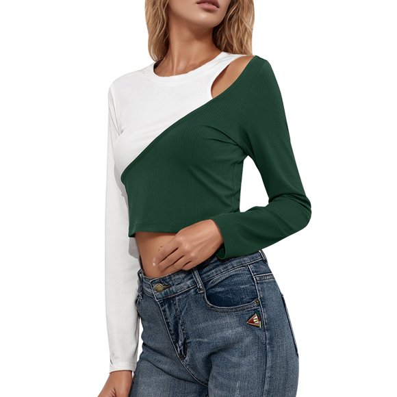 HUITKMM Oversized Tshirt Women Fall Winter Slim Fit Ribbed Crop Top Long Sleeve T Shirt Contrast Color Casual Streetwear Tee Shirt