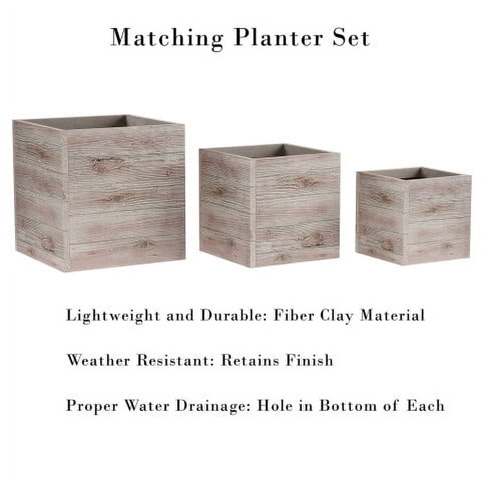 Pure Garden 15.1", 12.1" and 9.6" Large Square Rustic Wood-Look Outdoor Flower Planter Pots, Set of 3 (Gray)