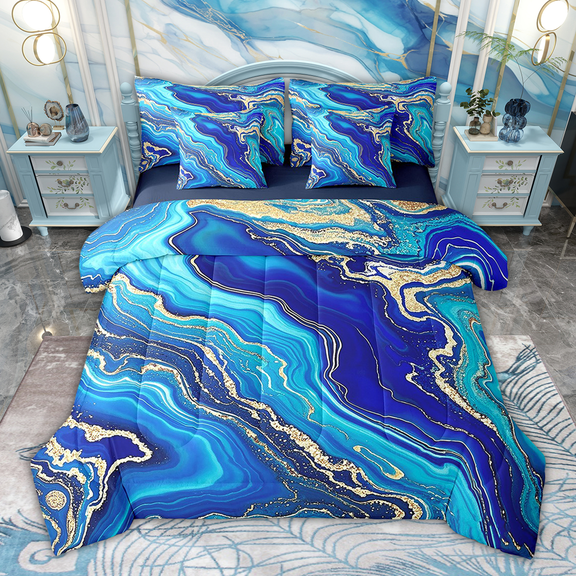 Manfei Blue Marble 7-Piece Bedding Sets Twin Size, Modern Aesthetic Marbling Comforter Sets with Sheets, Watercolor Artwork Bedding Accessories, Ultra Soft Bedroom Decor