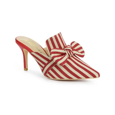 BLISSFUL STEP Women s Stiletto Heel Mules Pointed Toe Stripe Bow Slip-On Dress Shoes Red 10