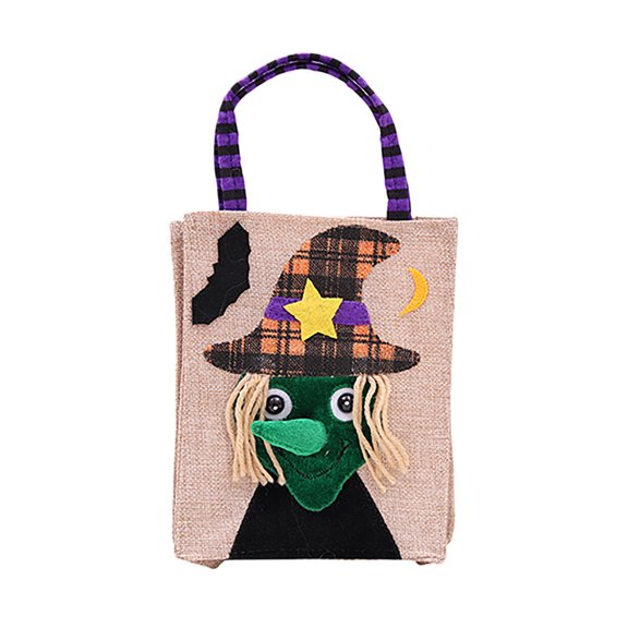 Halloween Jute Tote Bag, Square Kids' Trick-or-Treat Bag, Themed Pattern, Reusable, Party Candy Storage Bag, Holiday Decor Prop-Witch