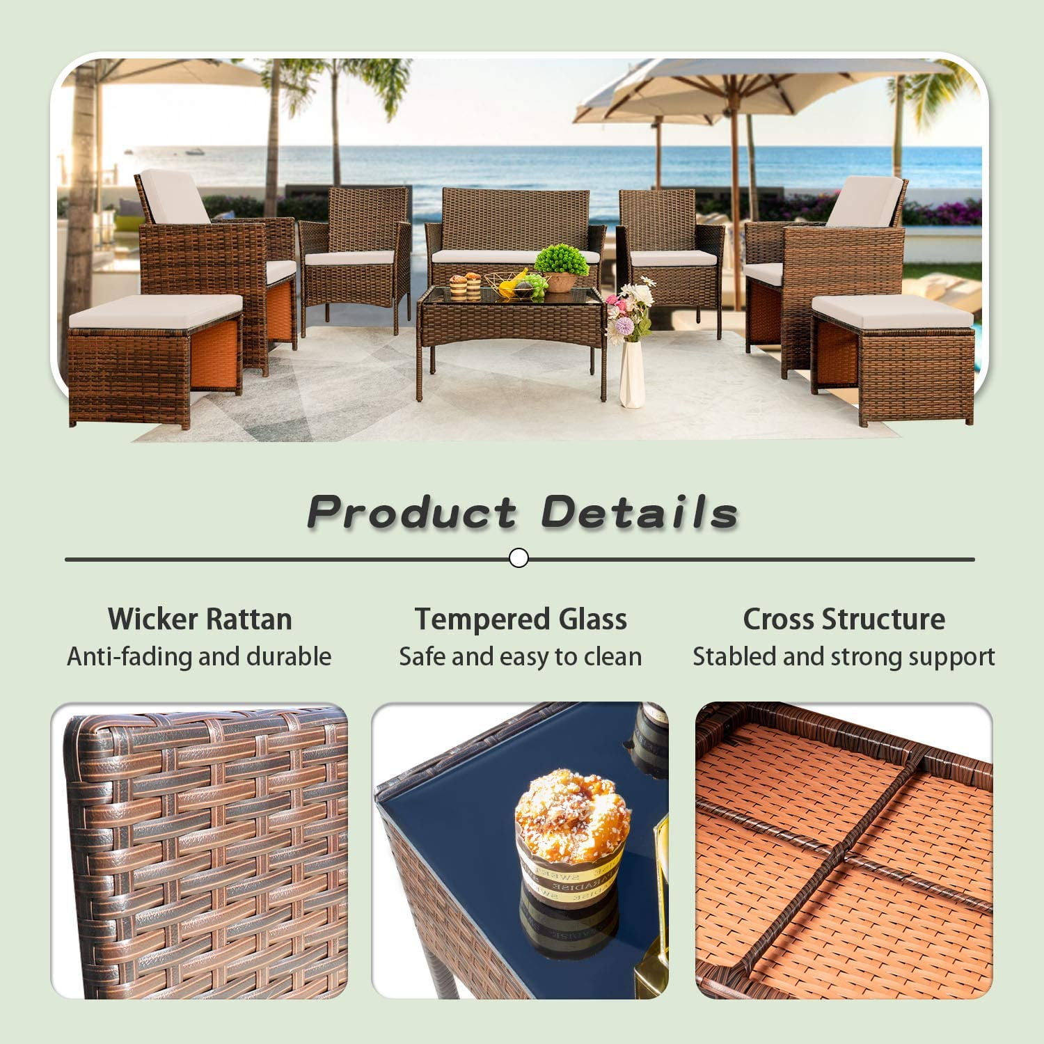 Vineego 8 Pieces Patio Furniture Set Outdoor All Weather Cushioned Wicker Chairs with Ottoman and Glass Table(Beige)
