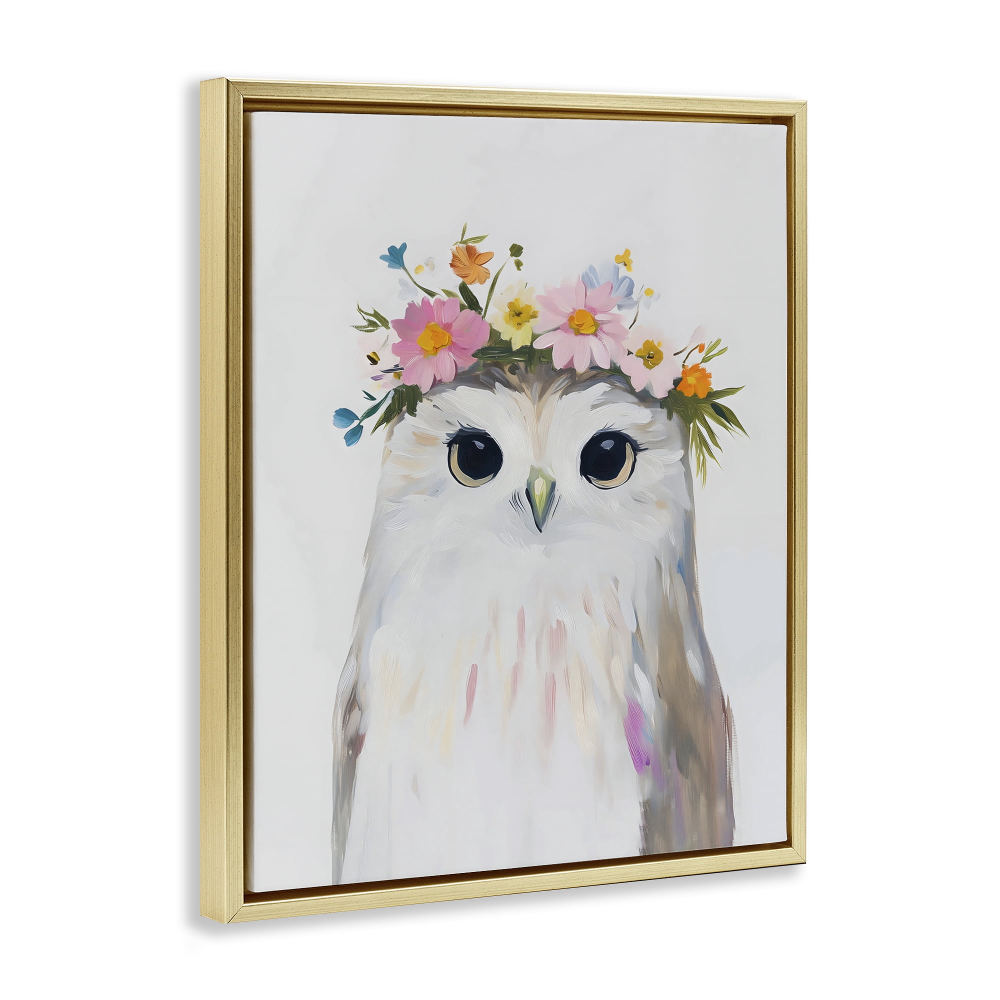Stupell Industries Flower Crown Owl Gold Framed Floater Canvas Wall Art, design by The Prints Vibe