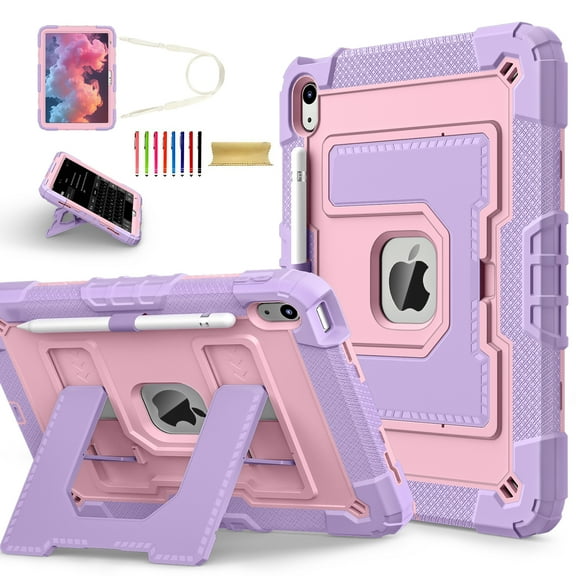Allytechgroup Rugged Case for Apple iPad 9th 8th 7th Generation 10.2 inch 2021/2020/2019, Heavy Duty Protective Tablet Case with Kickstand, Pencil Holder & Detachable Shoulder Strap, Purple Gold