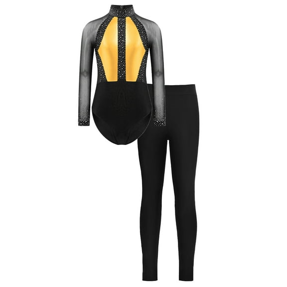 dPois Kids Girls Shiny Rhinestone Long Sleeve Gymnastics Leotard Athletic Ballet Dance Jumpsuit and Gold 10