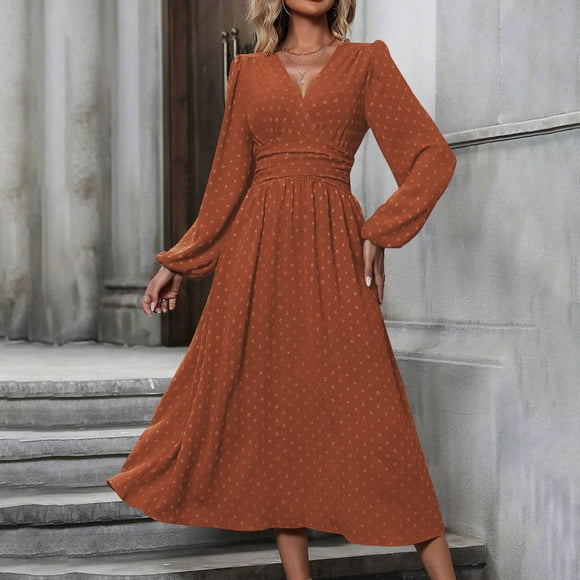 Gspmoly Summer Dresses for Women 2025, Women'S New V-Neck Solid Color Wool Ball Dress with Lantern Sleeves Long Sleeves Waist Pleated Long Skirt Wedding Dresses for Women Summer Savings Clearance